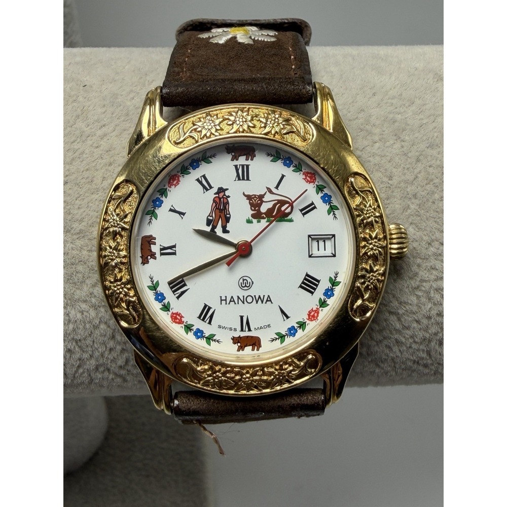Hanowa Vintage 604 New Battery Ladies Watch 34MM 7.5" Leather Band Swiss Made